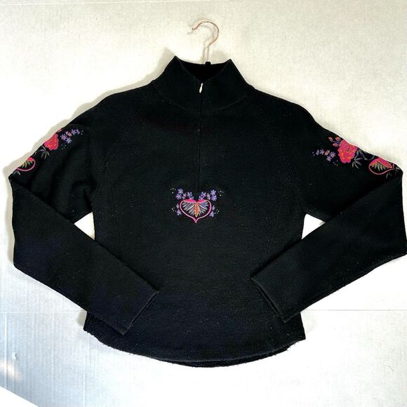 Vintage Obermeyer Wool Sweater Women’s Sz S Embroidered Nordic Flowers Cowl Neck - Picture 1 of 9
